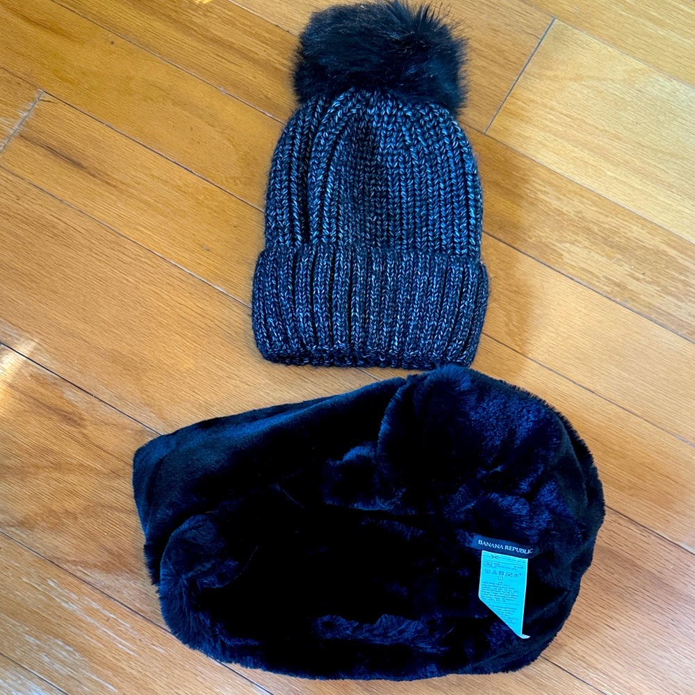 Black Knit Beanie and Faux Fur Headband Set